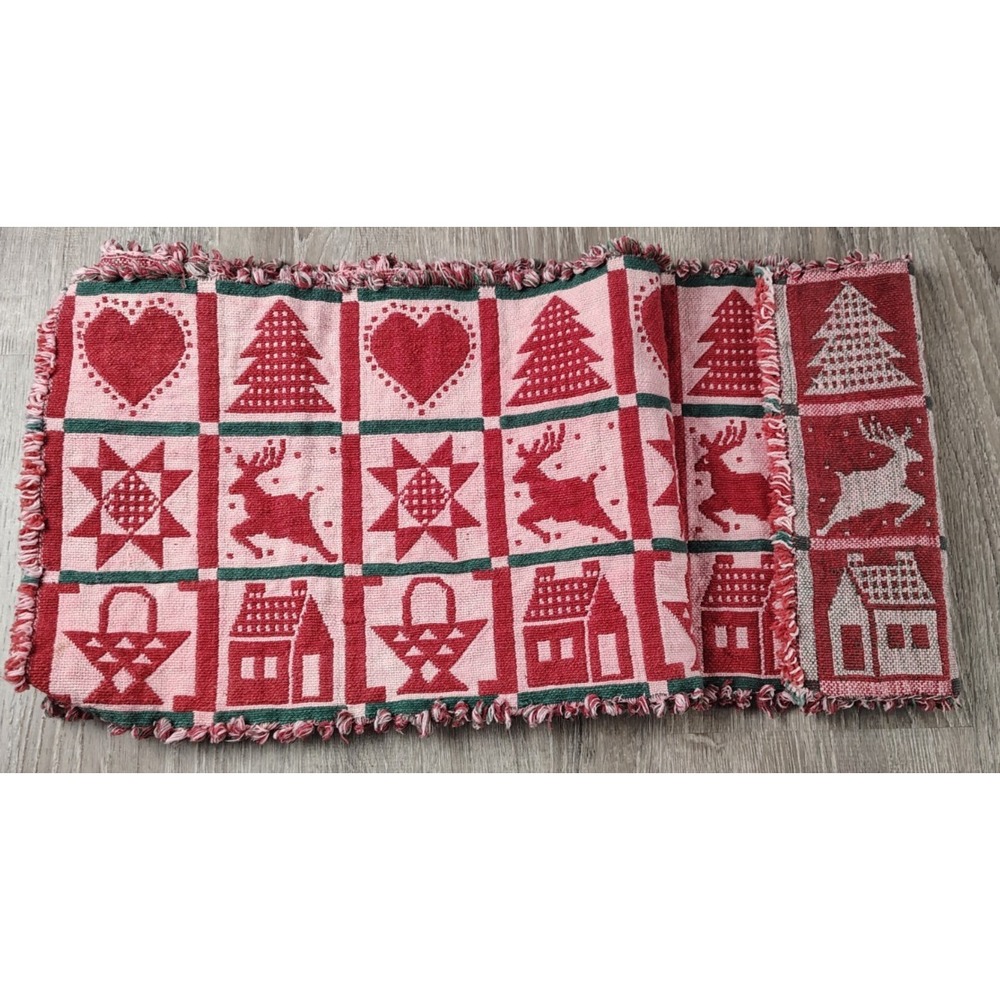 Holiday Woven Table Runner Tapestry Reindeer Trees Home Nordic Folk Fringe 13x66